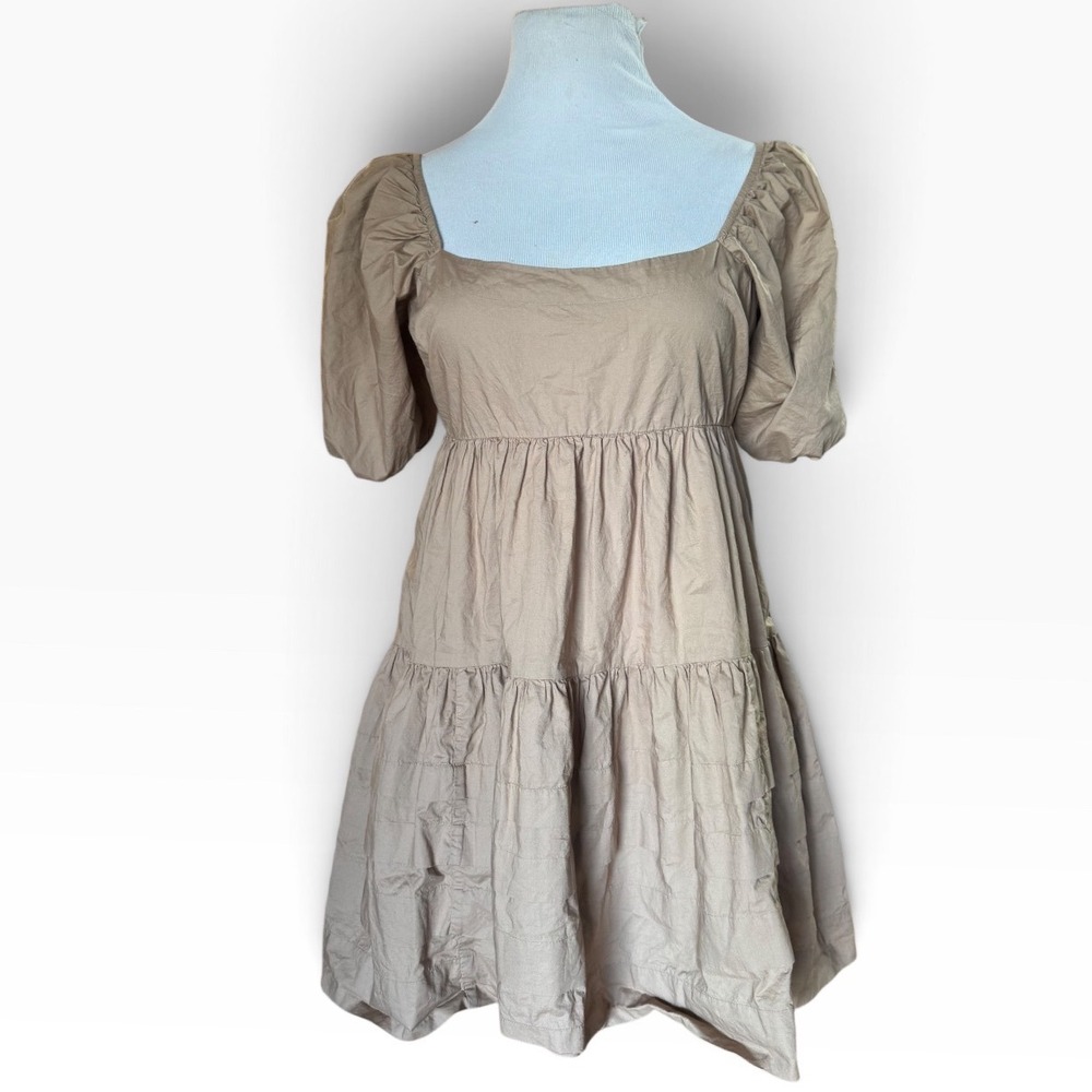 NWOT American Eagle Dress Womens S Puff Sleeve Tan Tiered Back Cutout Mini Boho